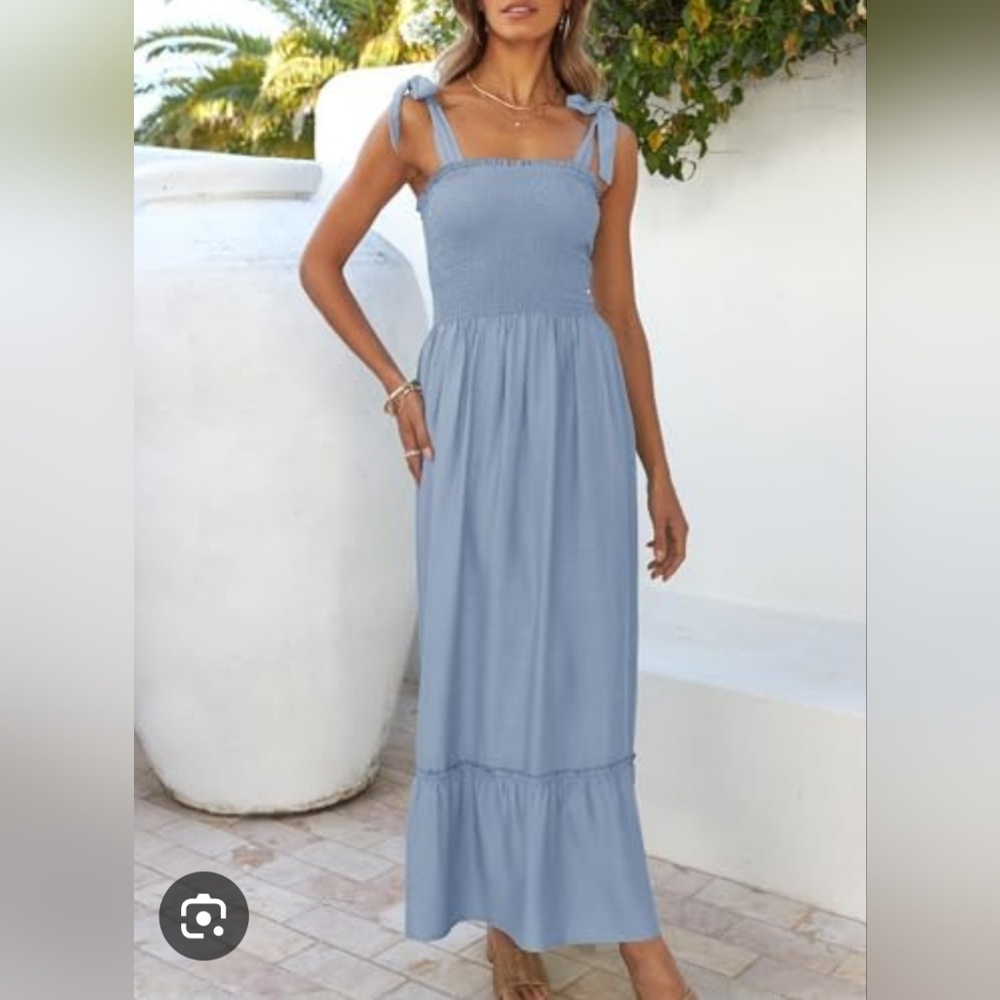 Elegant Sky Blue Smocked Maxi Dress Tie Shoulder Ruffle Hem Boxo Sundress